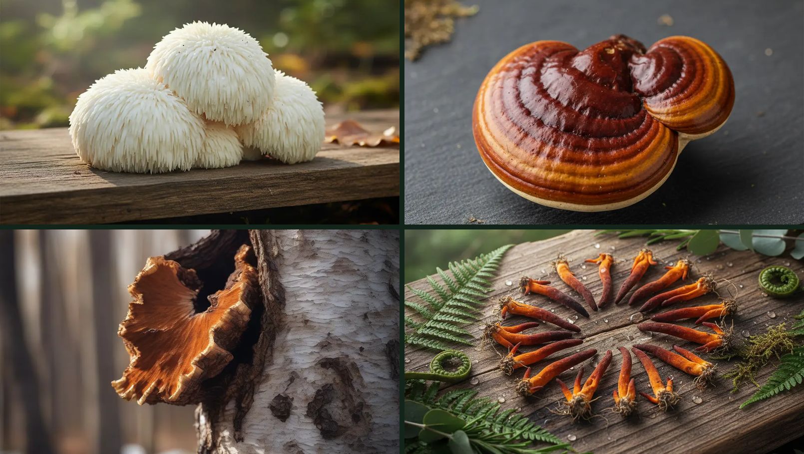 Editorial still-life photographs of four functional mushrooms: Lion's Mane, Reishi, Chaga, and Cordyceps