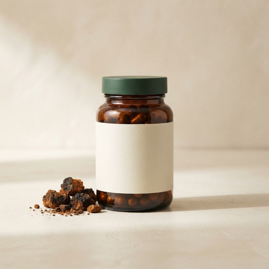 Concept imagery: sample OxiVena Chaga Capsules supplement jar (placeholder artwork)