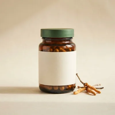 Sample OxiVena Cordyceps Capsules supplement jar (placeholder artwork)