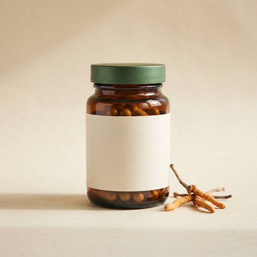 Concept imagery: sample OxiVena Cordyceps Capsules supplement jar (placeholder artwork)