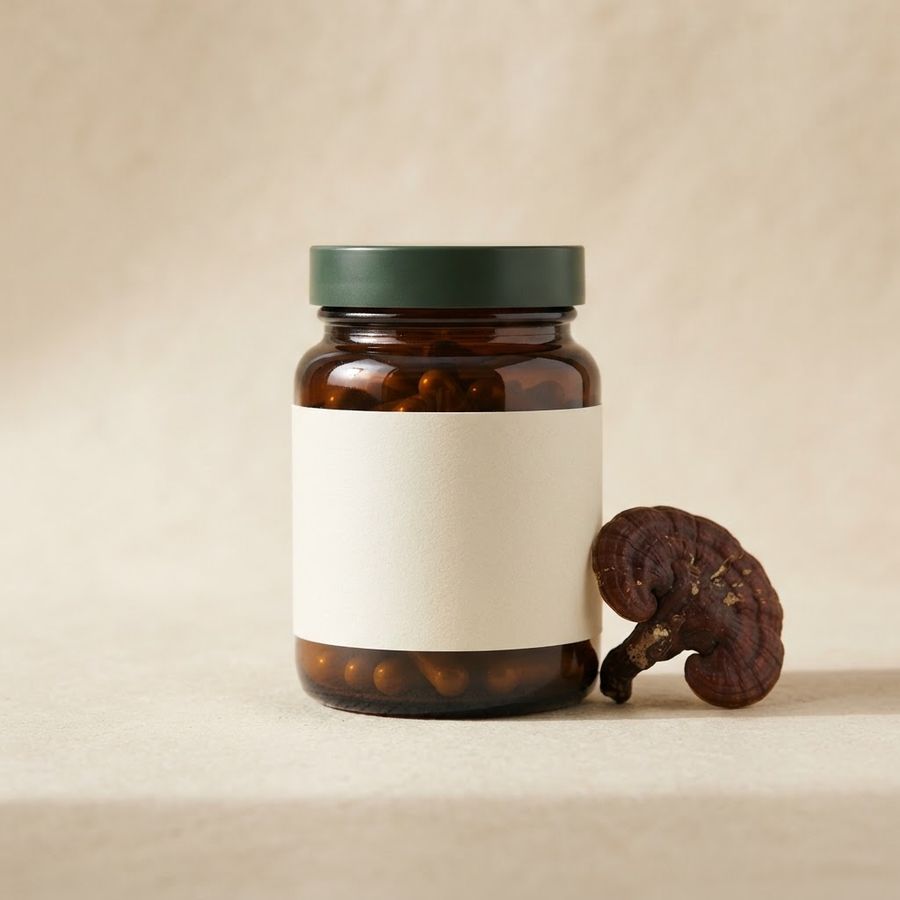 Concept imagery: sample OxiVena Reishi Capsules supplement jar (placeholder artwork)