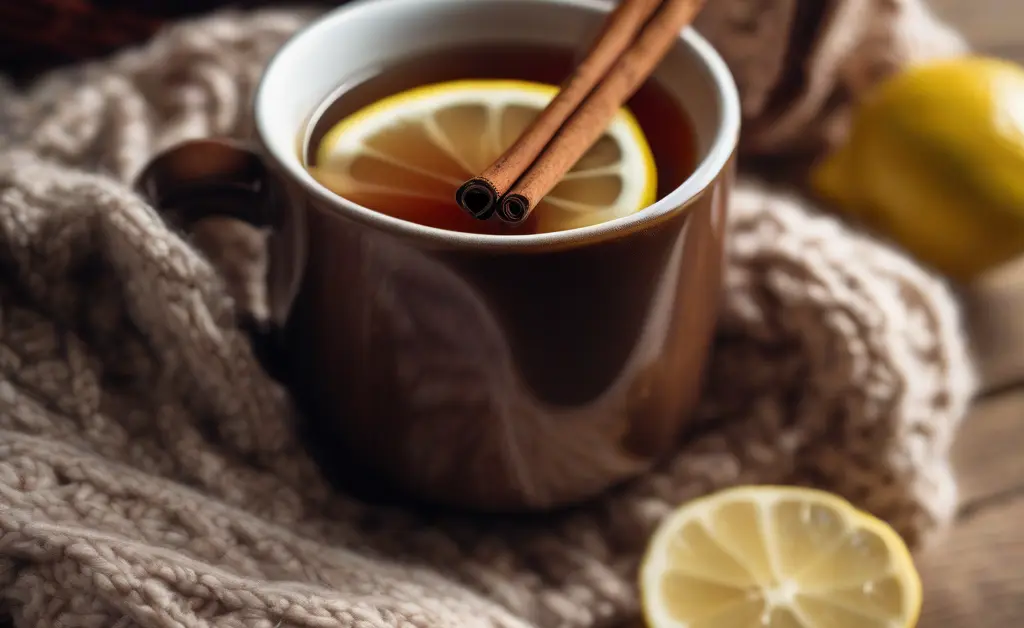 A steaming mug of herbal tea with a slice of lemon sits on a cozy wooden table.