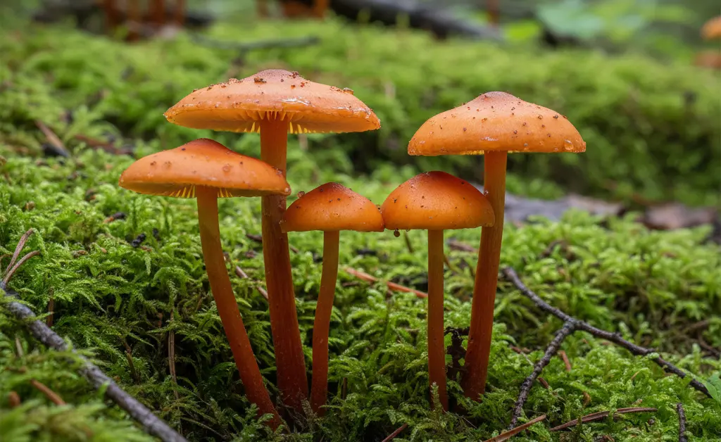 A cluster of earthy, orange-capped fungi with elongated stems grows on a mossy surface.