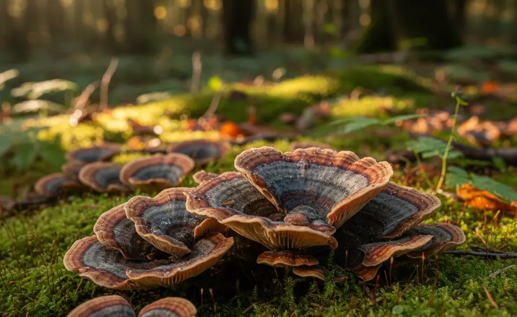 Vibrant, fan-shaped fungi grow in concentric rings of brown, white, and gray hues on a fallen log.