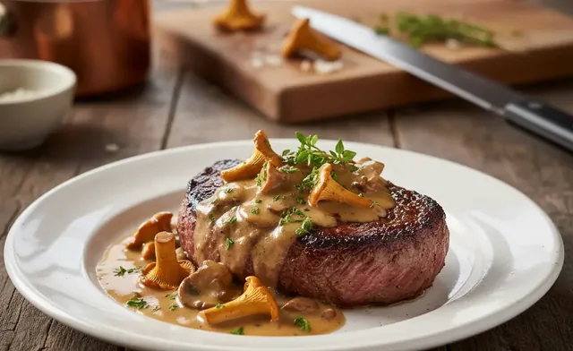 Steak with a Creamy Chanterelle Mushroom Sauce