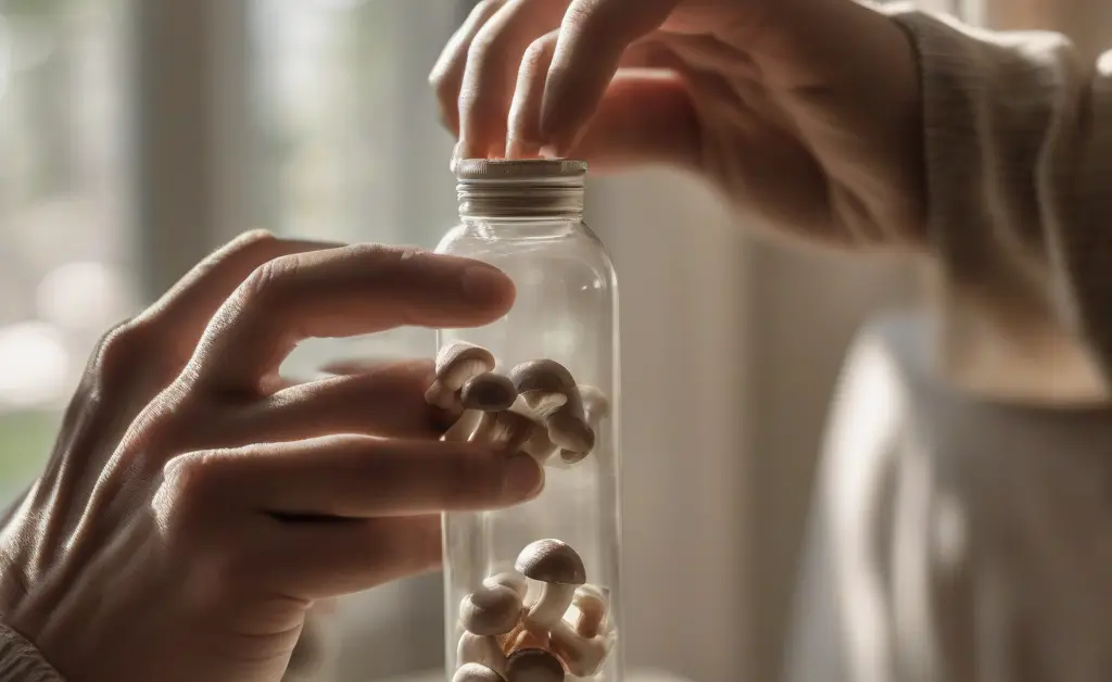 A thoughtful person considering a bottle of mushroom capsules, contemplating if are mushroom capsules safe.