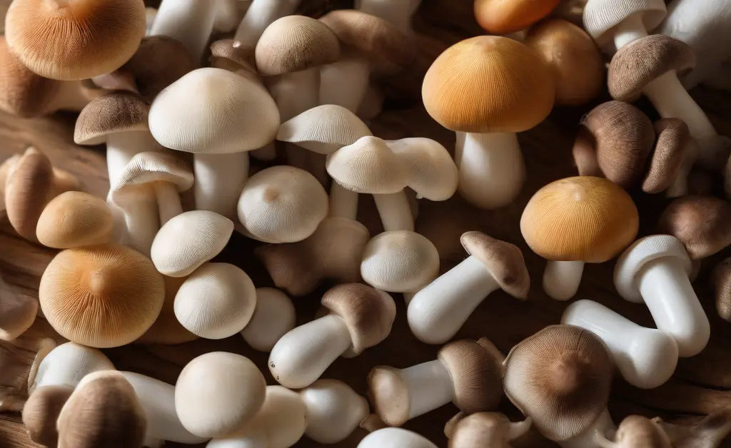 A curated selection of various mushroom capsules, representing the best mushroom capsules for weight loss, artfully arranged on a clean, minimalist wooden surface with subtle natural light.