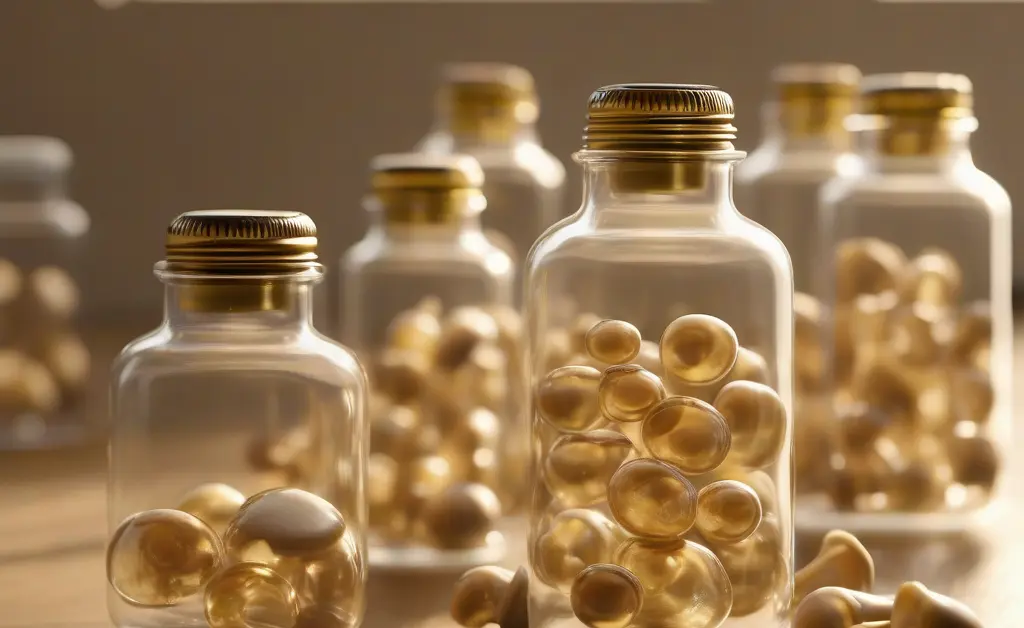 A minimalist arrangement showcasing premium golden teacher mushroom capsules alongside natural elements.