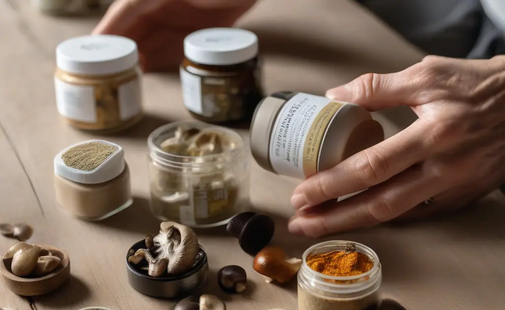 A person thoughtfully examining a selection of various mushroom supplement bottles, highlighting the concept of joe rogan mushroom pills.