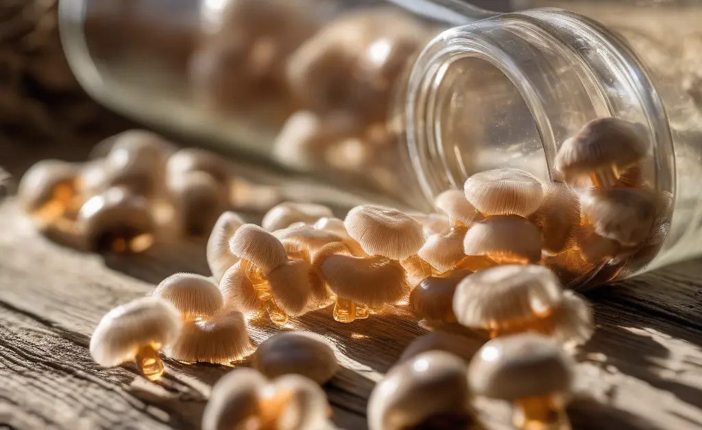 A clear glass bottle filled with lion's mane mushroom capsules is artfully arranged on a rustic wooden table, bathed in soft, natural morning light.