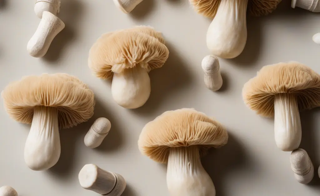 A carefully arranged still life showcases several high-quality lion's mane mushroom capsules in pakistan, presented in a way that suggests natural health and wellness.