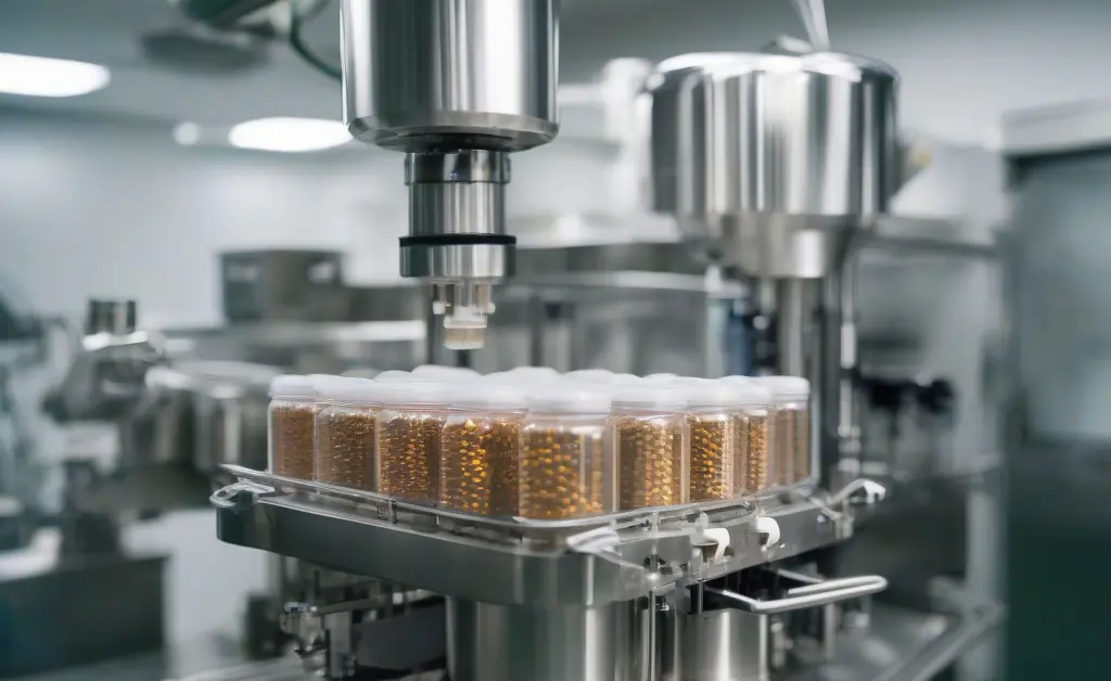 A high-quality photograph showcases a modern mushroom capsule filling machine in a clean, professional laboratory setting.