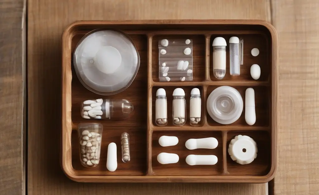 A neat setup showcasing a mushroom capsule kit on a wooden surface, ready for personal supplement creation.