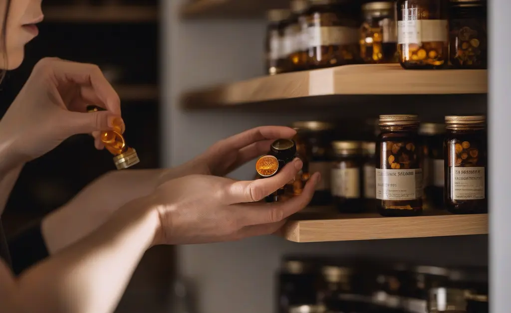 A woman carefully places a sealed bottle of mushroom capsules into a dark, cool pantry for optimal mushroom capsule storage.