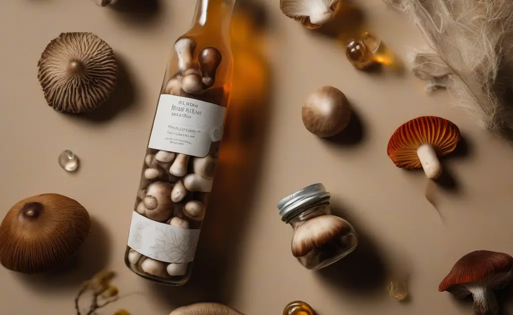 A clean, modern flat lay showcases a selection of premium mushroom capsules brands alongside fresh, organic mushrooms.