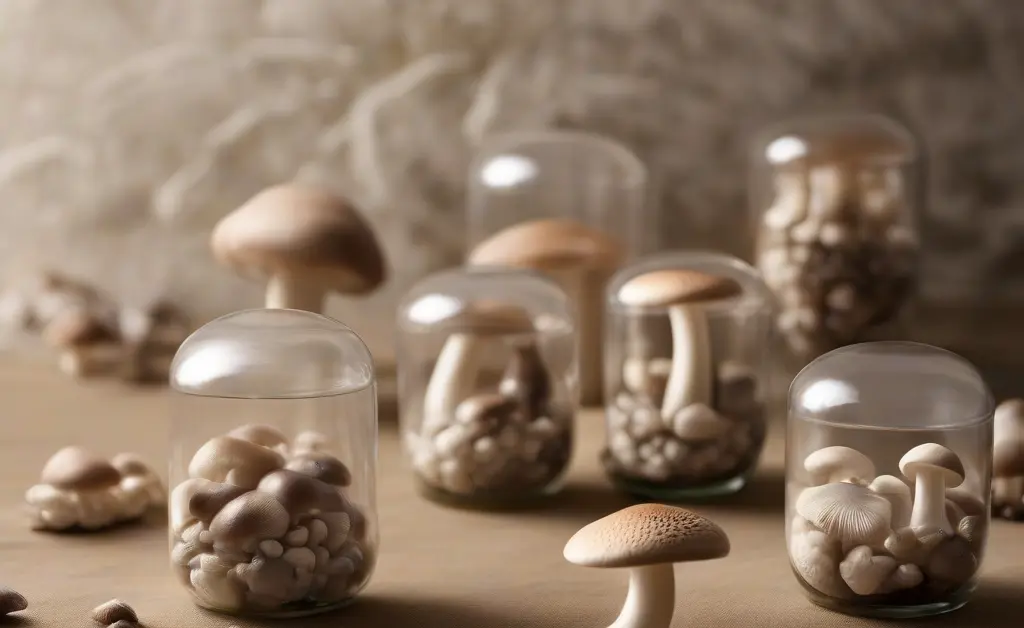 A serene still life featuring various types of natural mushroom capsules, showcasing their earthy tones and textures, with a subtle hint of Calgary's natural landscape in the soft background.