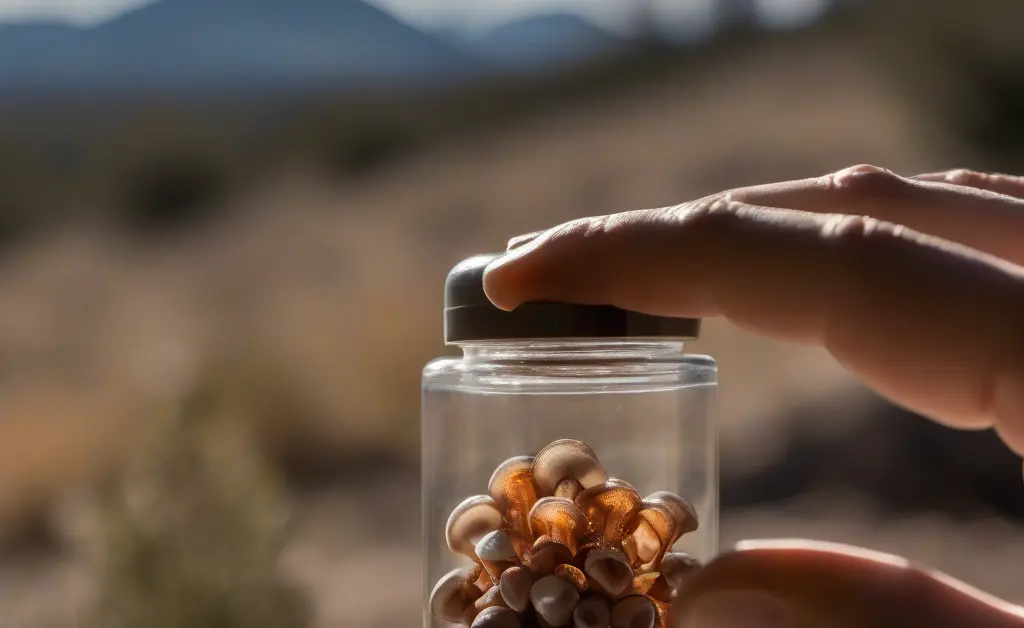 A hand holding a clear glass bottle filled with brown mushroom capsules, with a blurred background of lush green Colorado mountains.