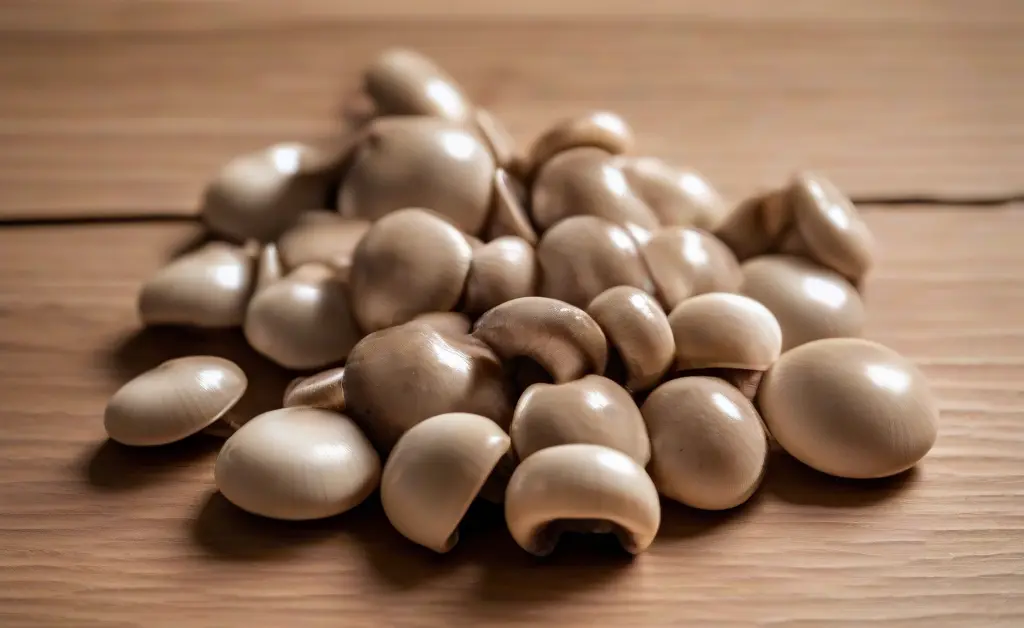A serene scene featuring a small, neatly arranged collection of mushroom capsules for microdosing on a natural wood surface.