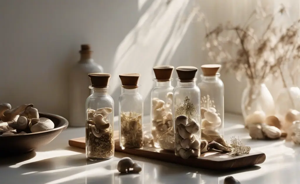 A serene, sunlit scene showcasing a few elegantly arranged bottles of mushroom capsules for stress, surrounded by delicate, natural elements.