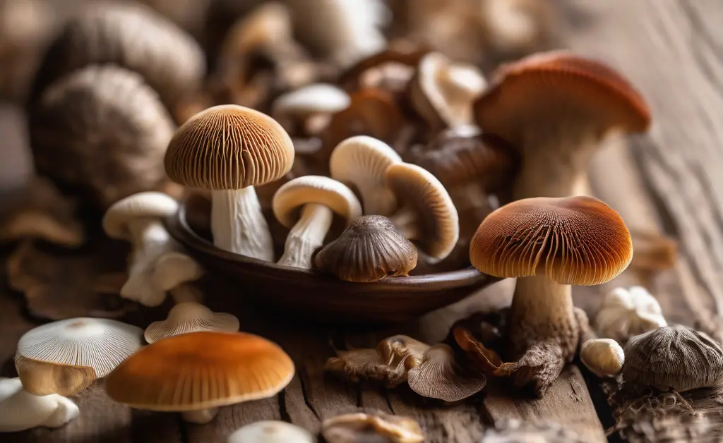 A close-up, natural light shot of various mushroom capsules neatly arranged on a rustic wooden surface, showcasing the quality of mushroom capsules reviews.