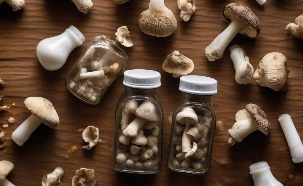 A visually appealing arrangement showcasing mushroom capsules strength, with clear bottles and dried mushrooms scattered around them on a clean, natural surface.