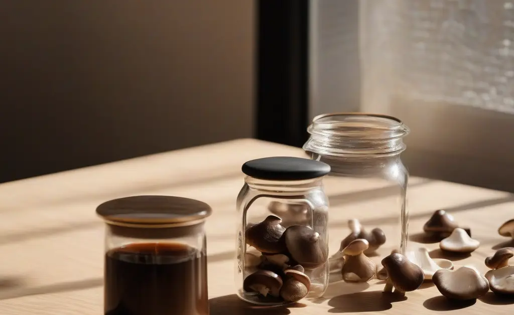 A balanced composition showing a small, elegant glass jar of mushroom capsules next to a steaming mug of coffee, illustrating the comparison of mushroom capsules vs coffee for a healthy morning routine.