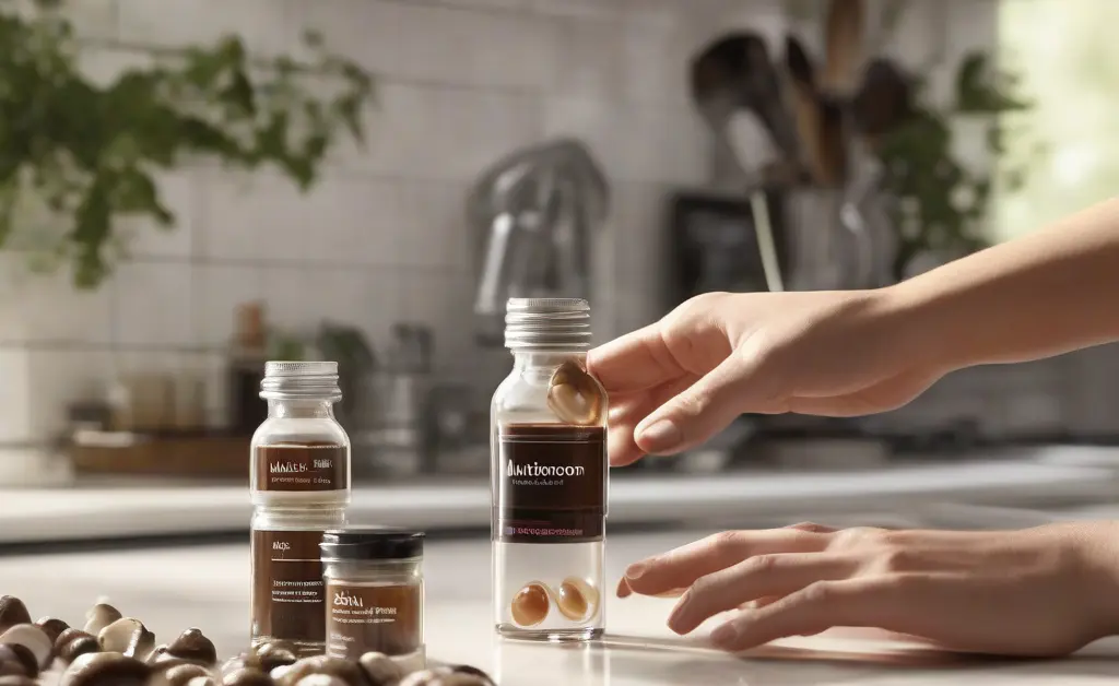 A person thoughtfully examining two distinct forms of mushroom supplements, showcasing mushroom capsules vs extract on a clean kitchen counter.