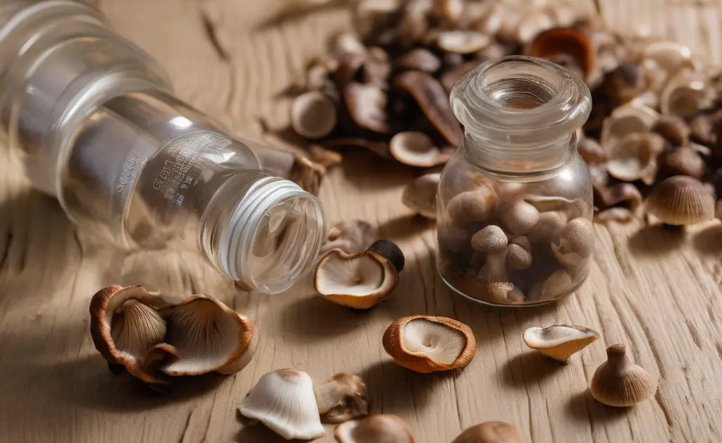 A visually appealing comparison of mushroom capsules vs mushrooms, showcasing both the convenient supplement form and whole, natural fungi on a clean surface.