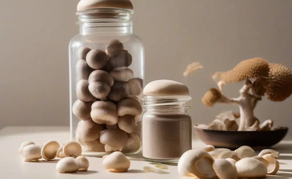 A clean, minimalist display comparing mushroom capsules vs powder, set against a soft, natural background.