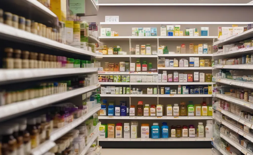 A well-lit pharmacy aisle displays various health supplements, prominently featuring a bottle labeled as mushroom pills cvs among other wellness products.