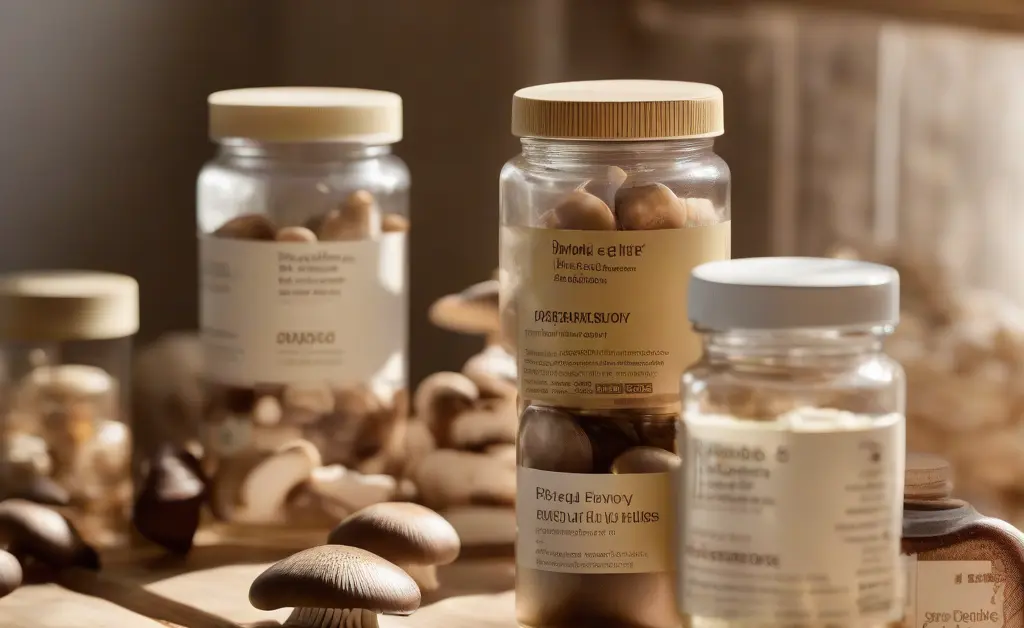 A selection of beautifully packaged mushroom supplements arranged attractively on a natural wood surface, showcasing the appeal of mushroom supplements for wellness.
