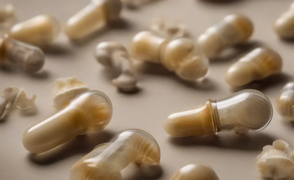 A clear shot of a few small, opaque capsules arranged neatly next to a subtle scattering of dried psilocybe mushroom caps, representing the concept of psychedelic mushroom capsules.